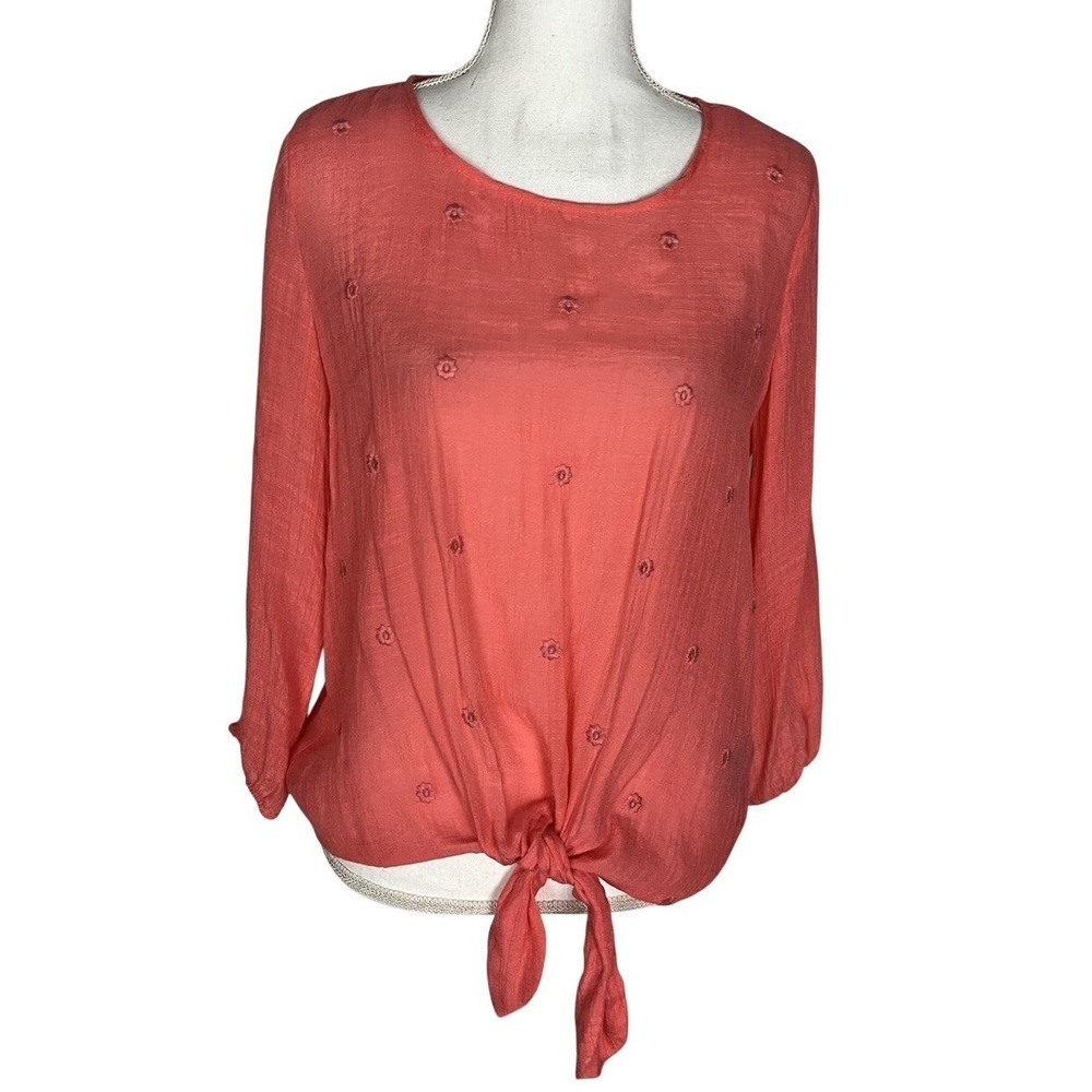 Zac & Rachel Long Sleeve Blouse Size S Embroidered Floral Keyhole Back Tie Front